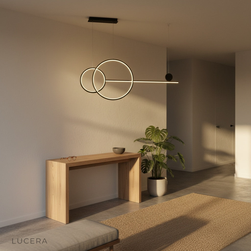 Brumal pendant light above kitchen island with iron rings and subtle reflection