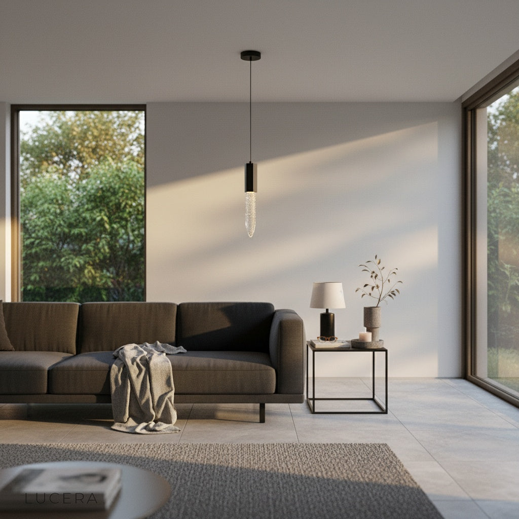 Terra pendant light hanging above kitchen island with warm ambient lighting