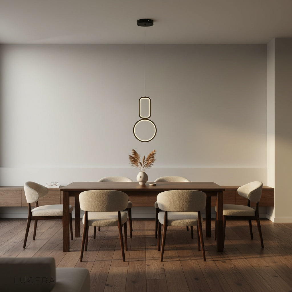 Facade pendant light at dusk with warm interior glow through large window