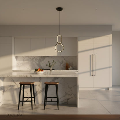 Facade pendant light over marble countertop in luxury kitchen setting