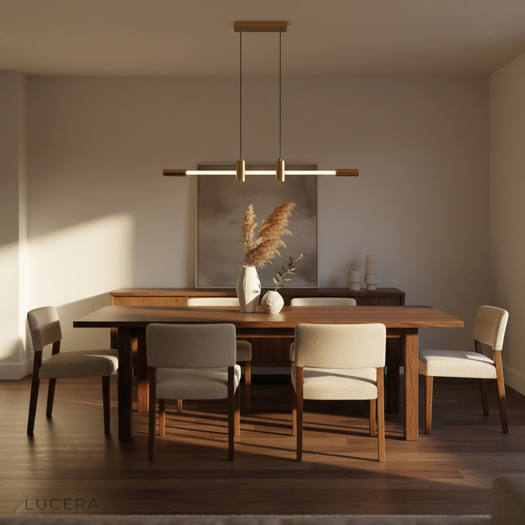 Gideon pendant light hanging over a cozy reading nook with soft ambient lighting