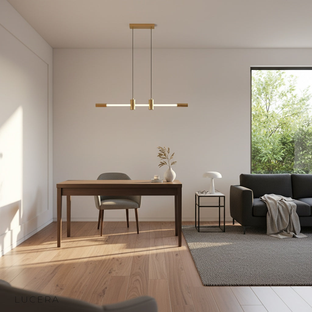 Gideon pendant light illuminating a minimalist workspace with warm evening glow