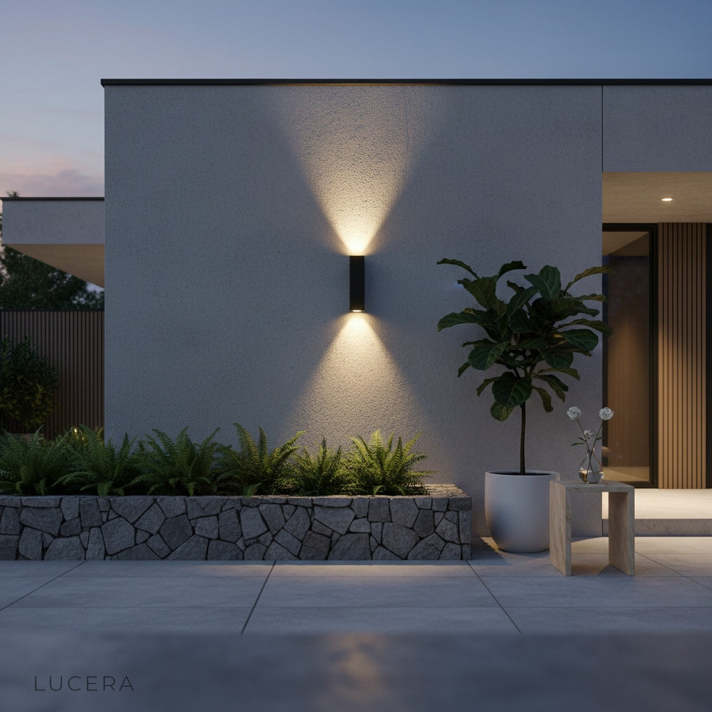 gold wall lamp casting warm light on textured indoor hallway wall