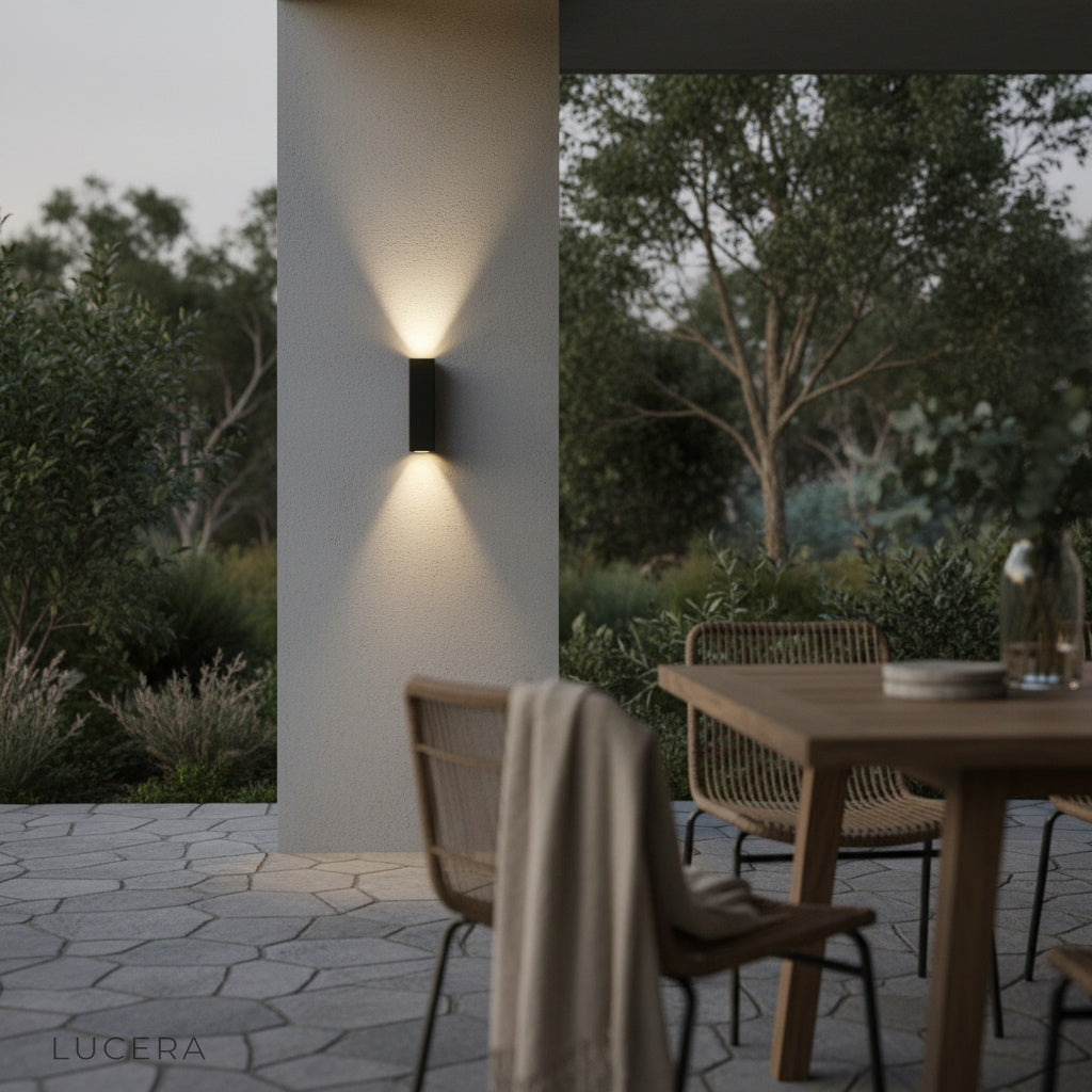 gold wall lamp glowing on outdoor patio at dusk with brick wall