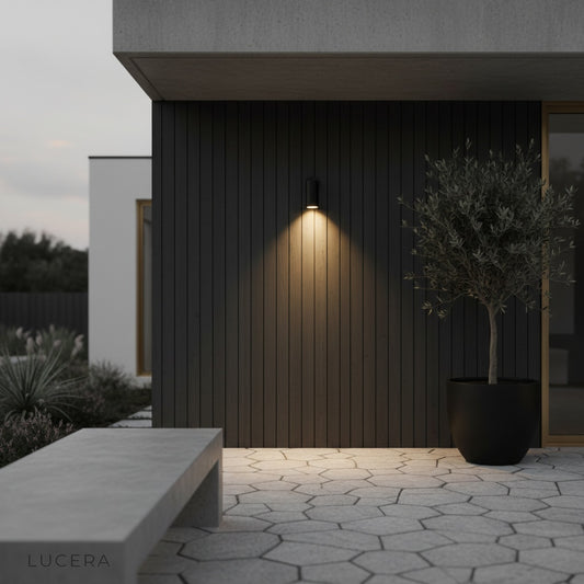 Gaea spotlight mounted on wooden deck post casting warm light on garden path