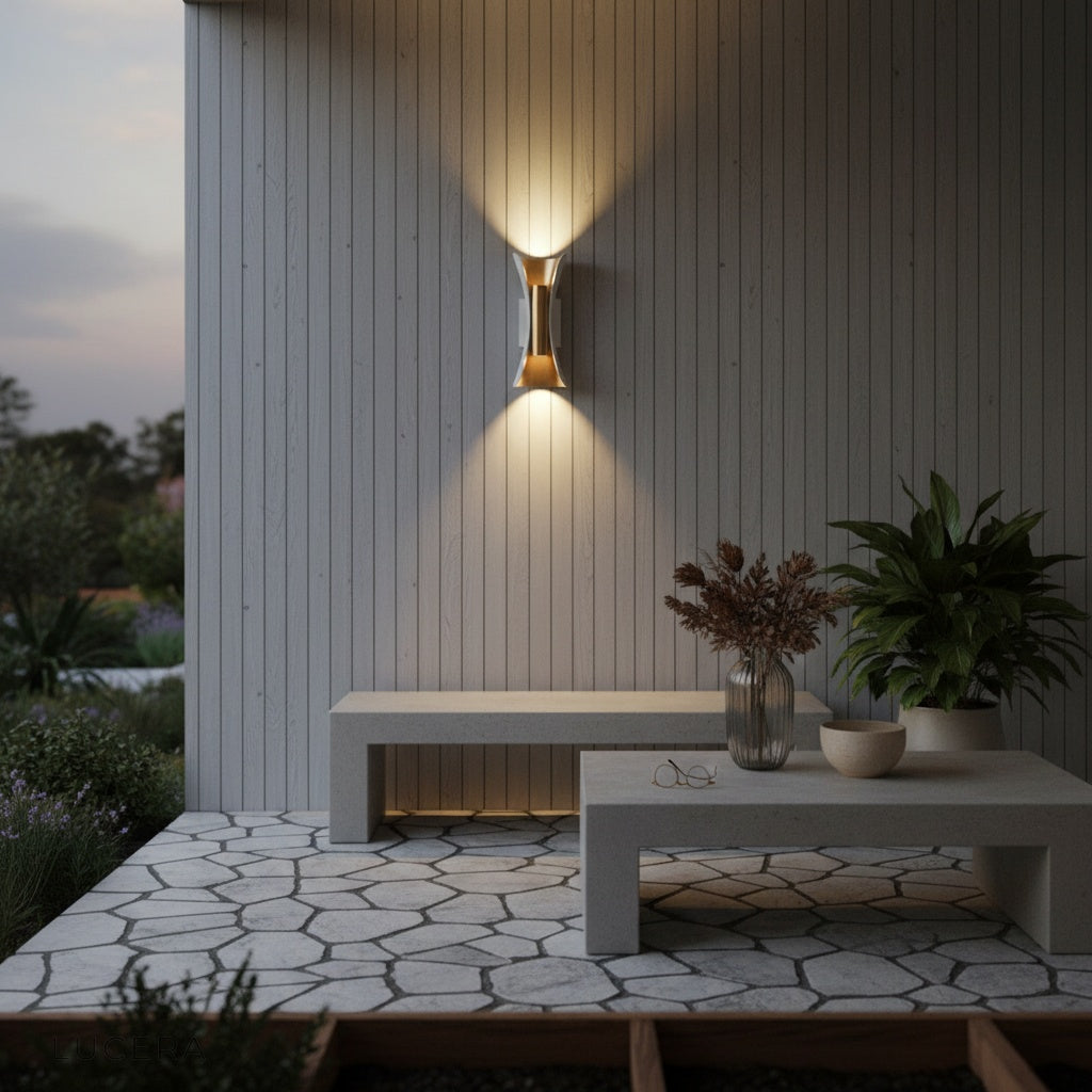 rust-proof aluminum wall light with warm glow on a contemporary porch
