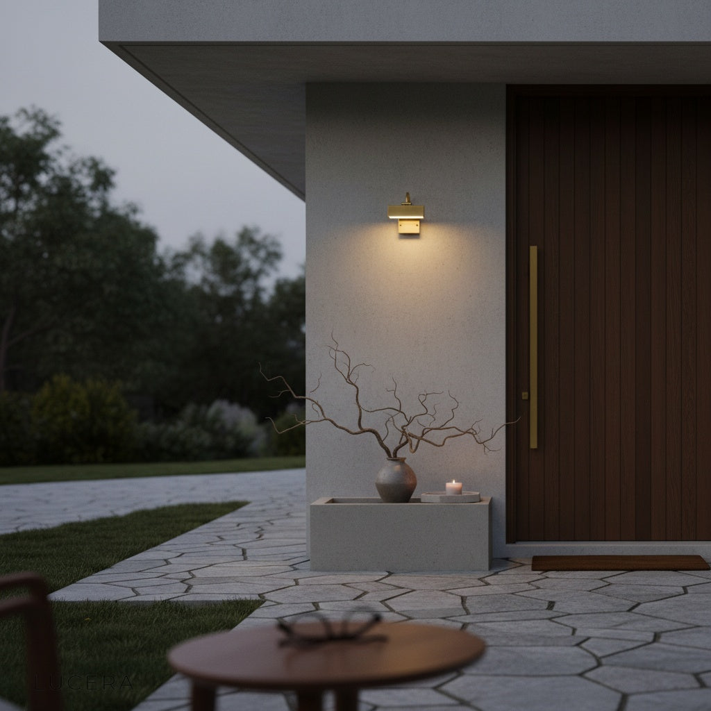 Quiete lamp lighting a dark corner of a covered terrace with elegant shadows