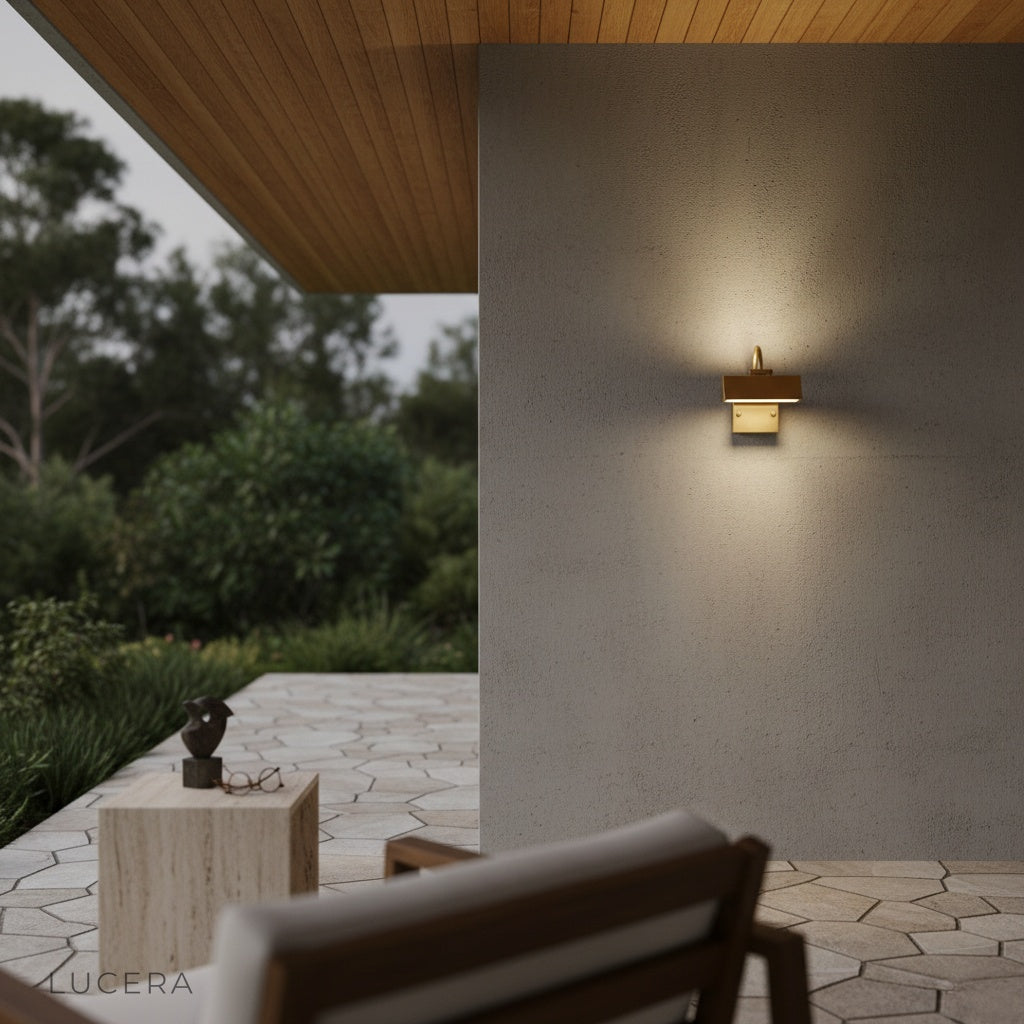 Overhead angle of Quiete sconce showing slim profile and downward light beam
