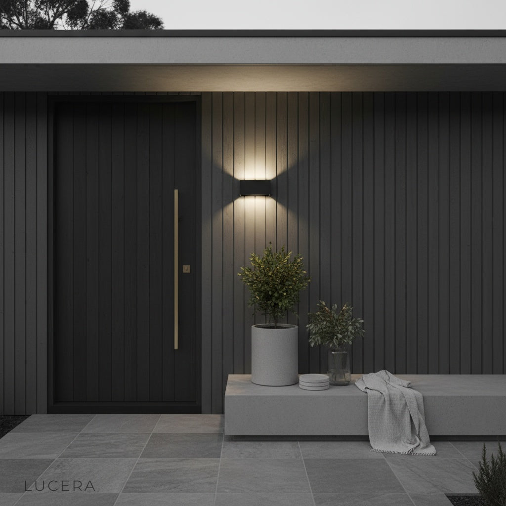 studio shot of matte black cylindrical outdoor wall sconce with two-way LED lights