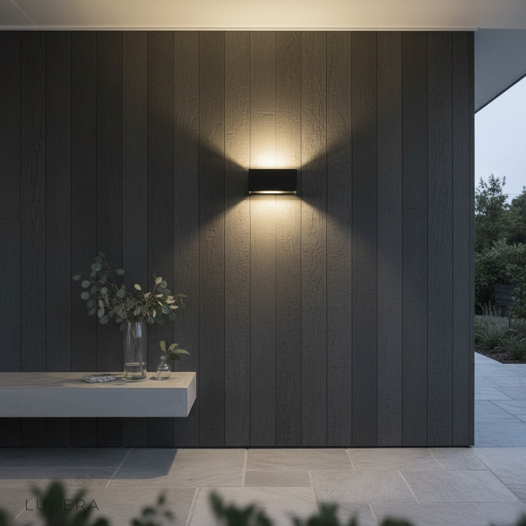 minimalist dowel wall lamp on clean concrete wall, front view showing dual spotlight heads