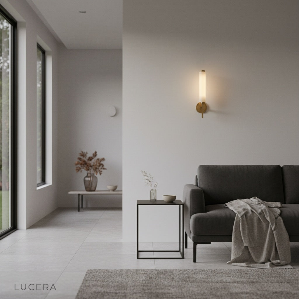 Boreas wall lamp in hallway casting diffused light on neutral-toned wall and wooden floor