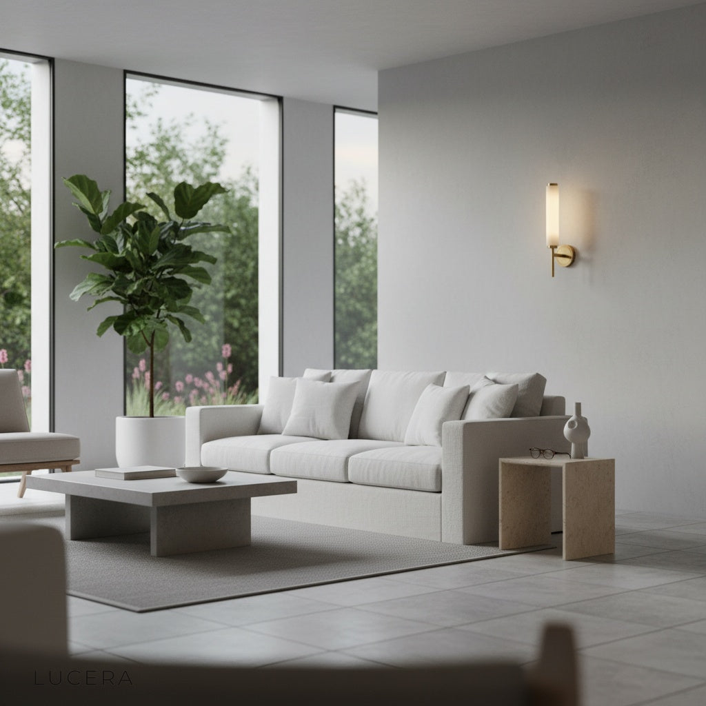 Boreas wall lamp illuminated at night beside an armchair with soft ambient shadows