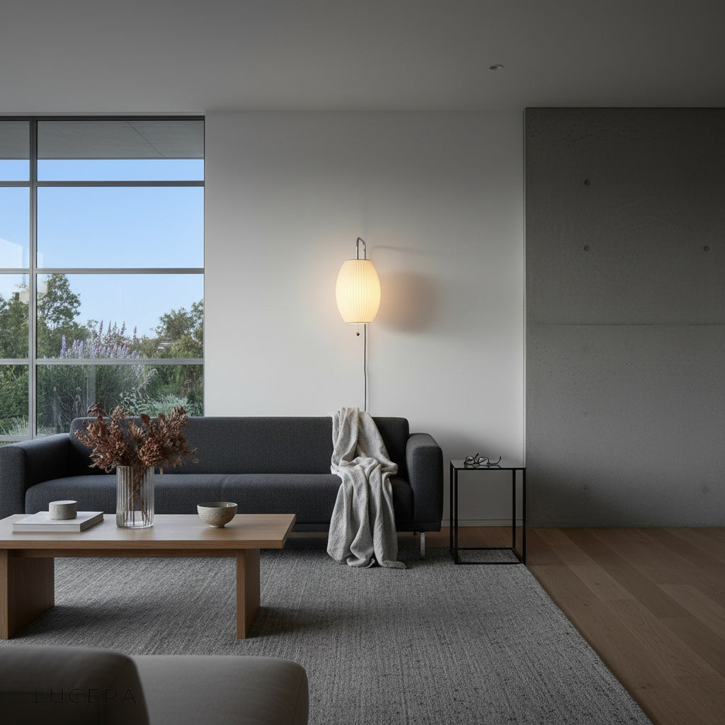 nighttime shot of Dirge wall lamp creating warm accent light