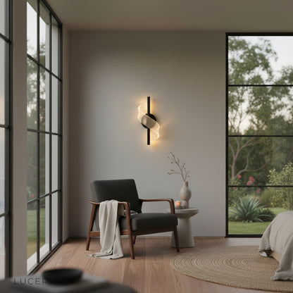 Clarion Wall Lamp golden metal frame and acrylic diffuser against white wall
