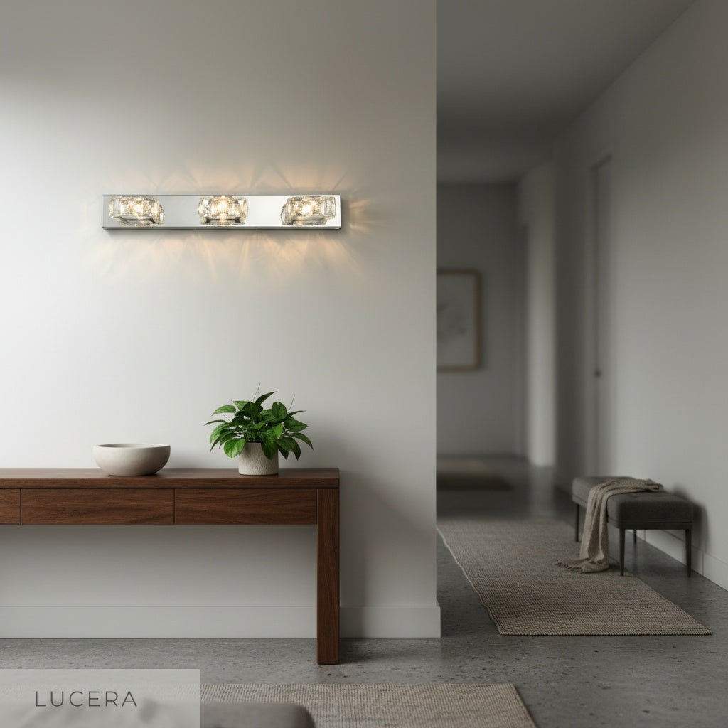 nighttime lifestyle view of Juno Wall Lamp highlighting crystal sparkle in a modern living room