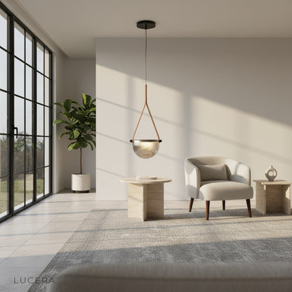 Glimmer leather pendant light dimly lit for romantic evening ambiance in a lounge