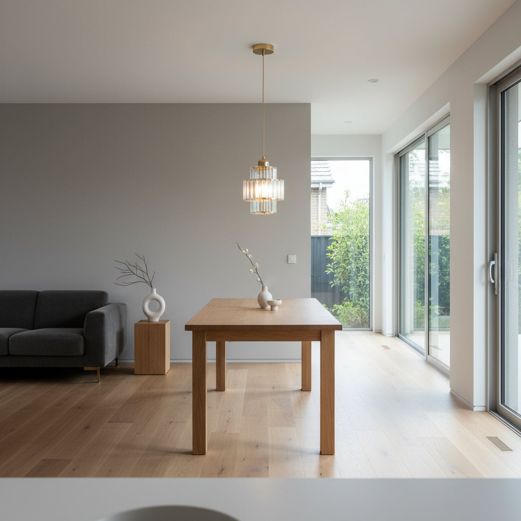 modern K9 crystal pendant light glowing above a stylish living room sofa