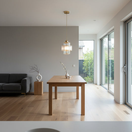 modern K9 crystal pendant light glowing above a stylish living room sofa