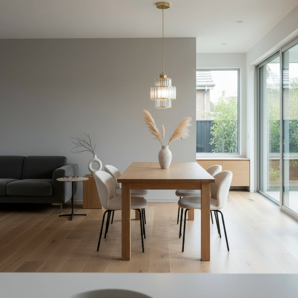 Ablaze crystal pendant light illuminating a cozy dining area at dusk