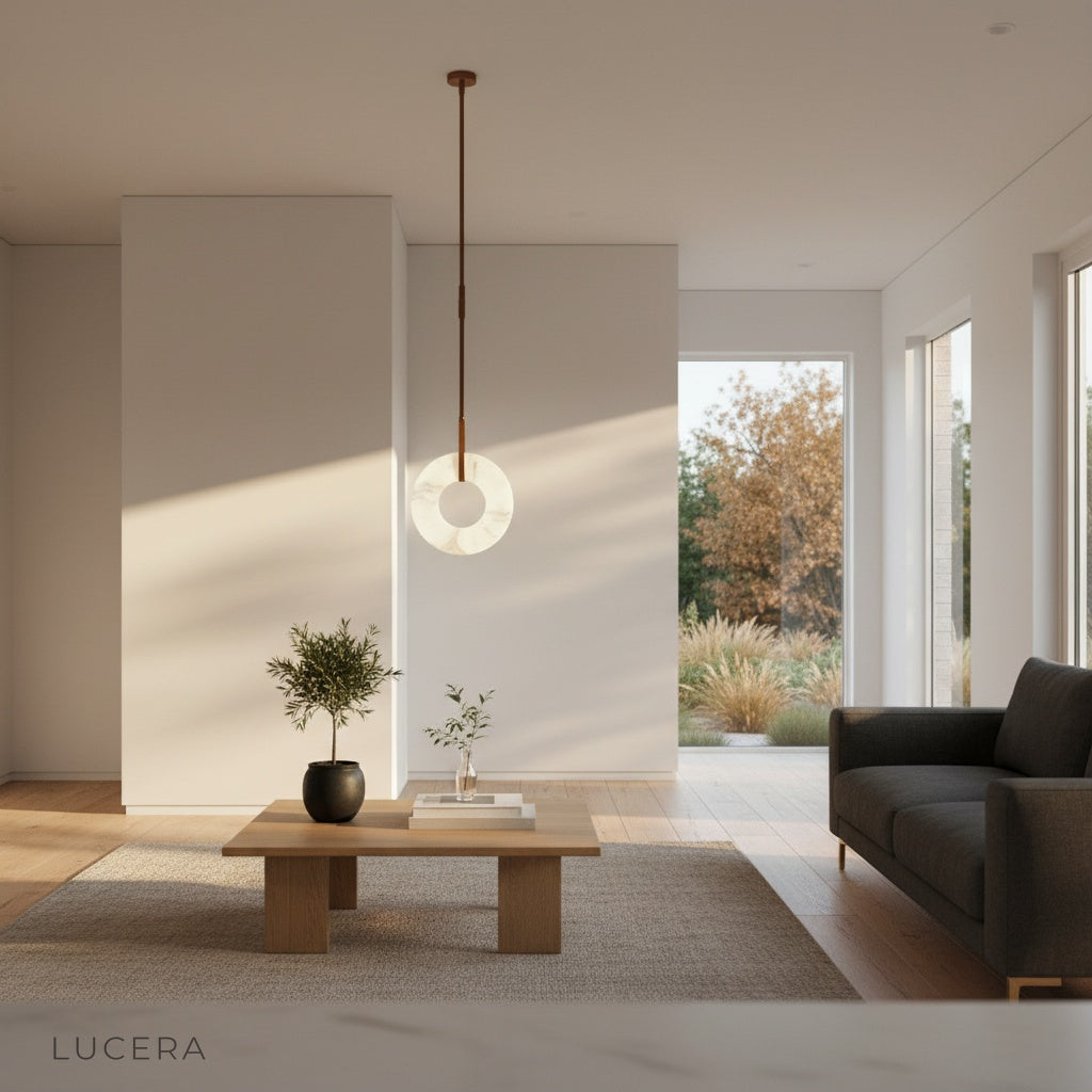 Helix alabaster pendant light with warm ambient glow in minimalist bedroom setting