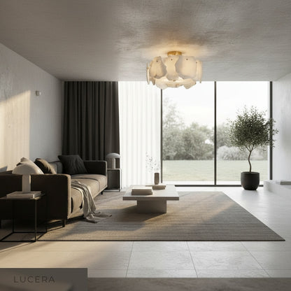 Fulgurant ceiling light front view on clean white background highlighting copper and marble details
