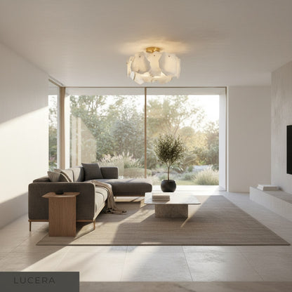 Close-up of Fulgurant ceiling light revealing natural veining in sculpted alabaster panels