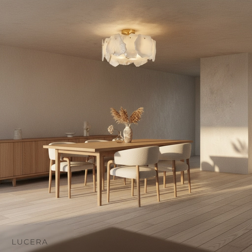 Fulgurant ceiling light with warm copper accents against dark wall for contrast