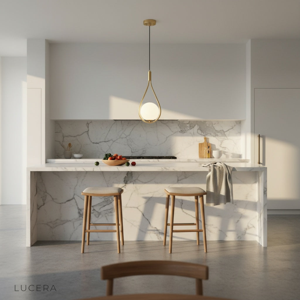 glowing pendant light illuminating dark entryway with soft ambient shadows