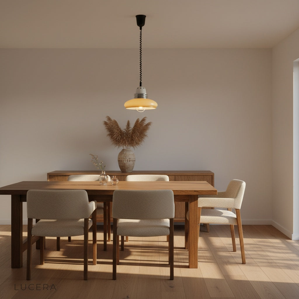 Cima pendant light hanging above kitchen island with soft ambient light