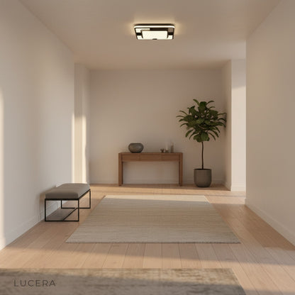 energy-efficient LED ceiling light in cool daylight mode brightening a stylish home office workspace