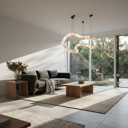 front view of the Fenwick alabaster chandelier in a clean studio setting showing symmetrical design