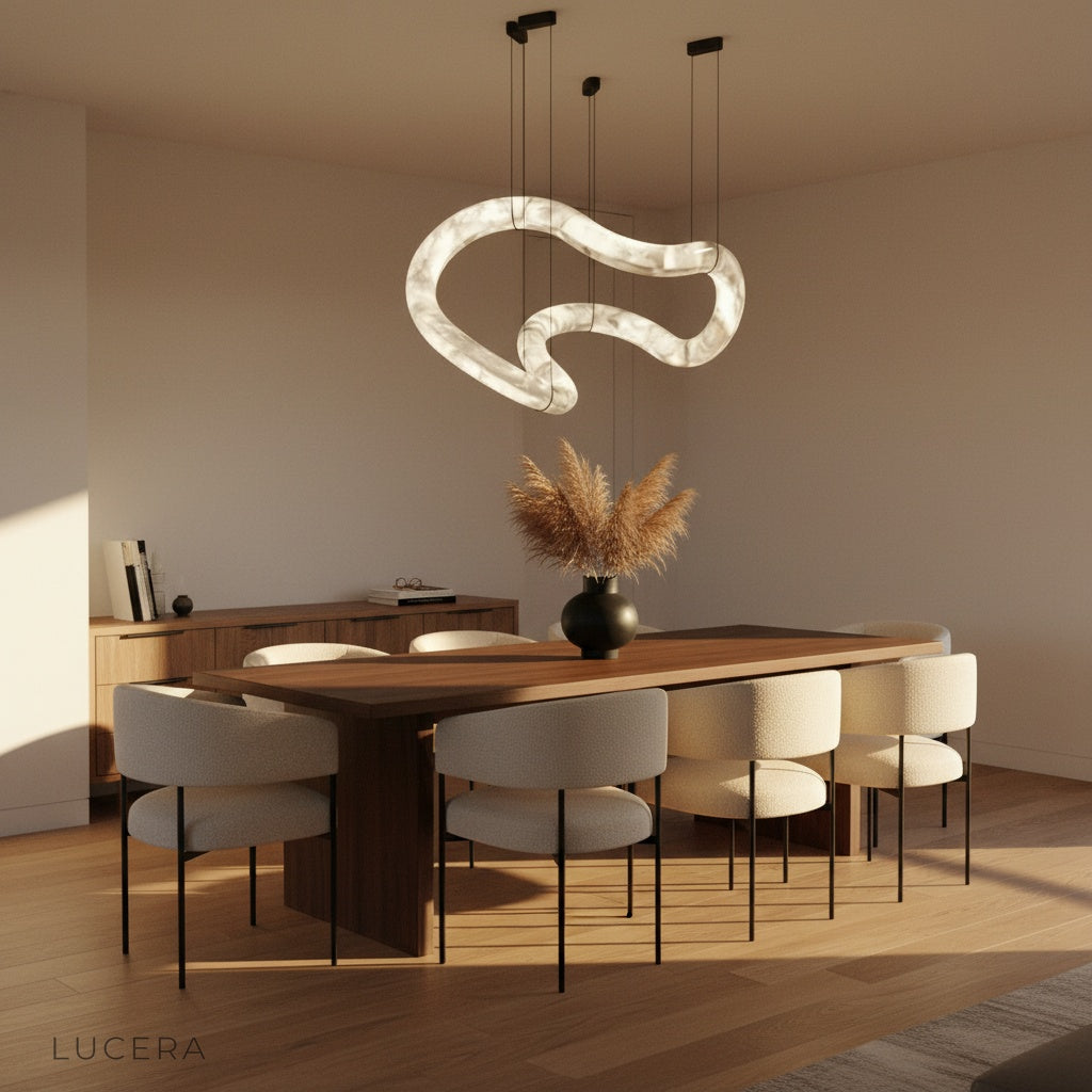 close-up of the alabaster frame and soft diffused light on the Fenwick chandelier
