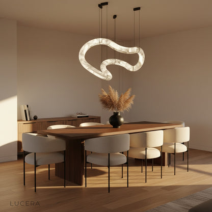 close-up of the alabaster frame and soft diffused light on the Fenwick chandelier