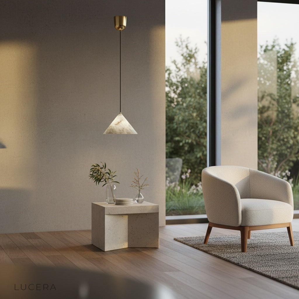 Herald pendant light illuminated from within, casting warm ambient glow in a minimalist bedroom setting