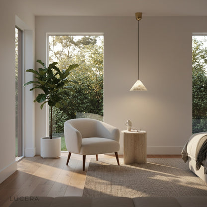 Evening lifestyle shot of Herald pendant light creating tranquil atmosphere in a neutral-toned hallway