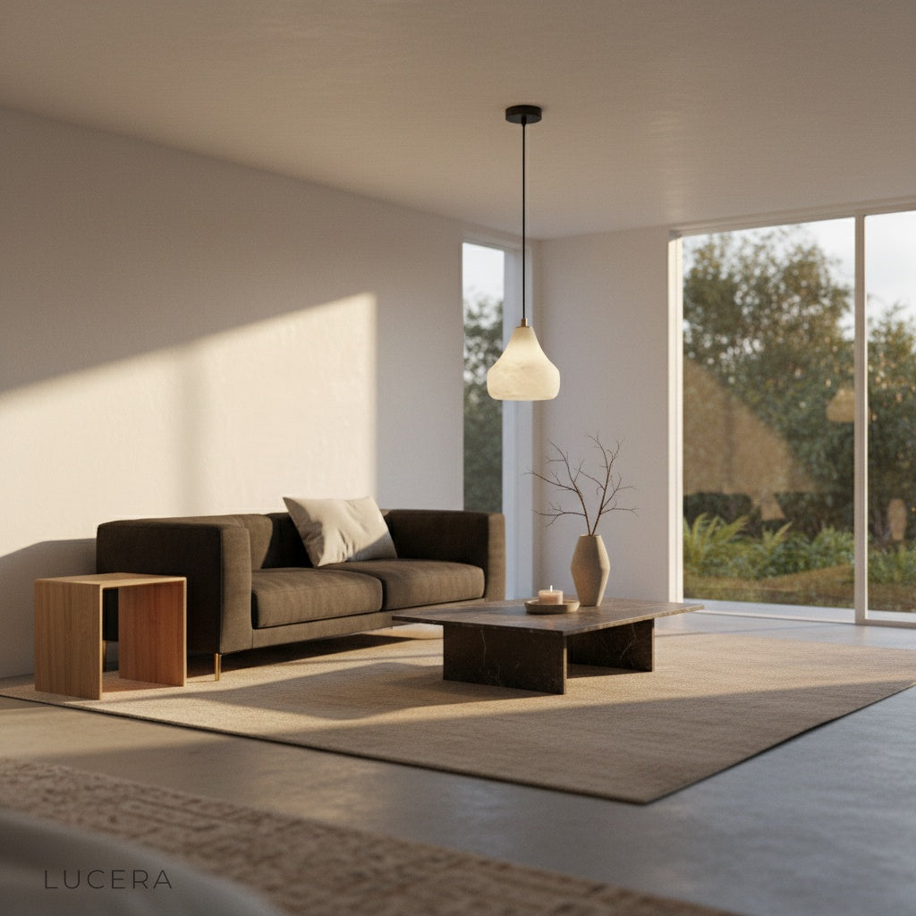 ivory pendant light hanging above dining table in neutral interior