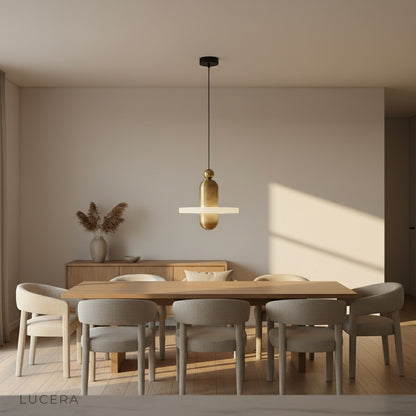 pendant light with alabaster shade in hallway with modern architectural details