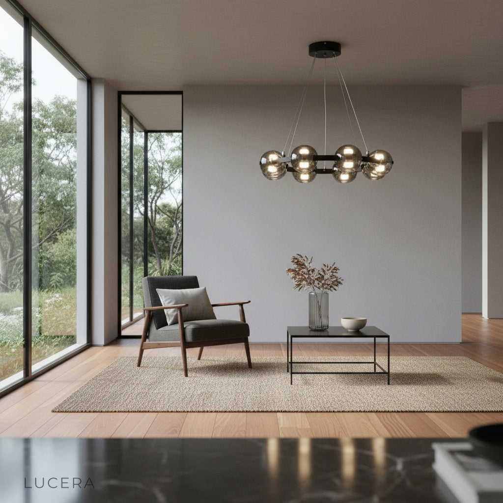 Jive Round Chandelier suspended over a marble kitchen island in a sleek penthouse