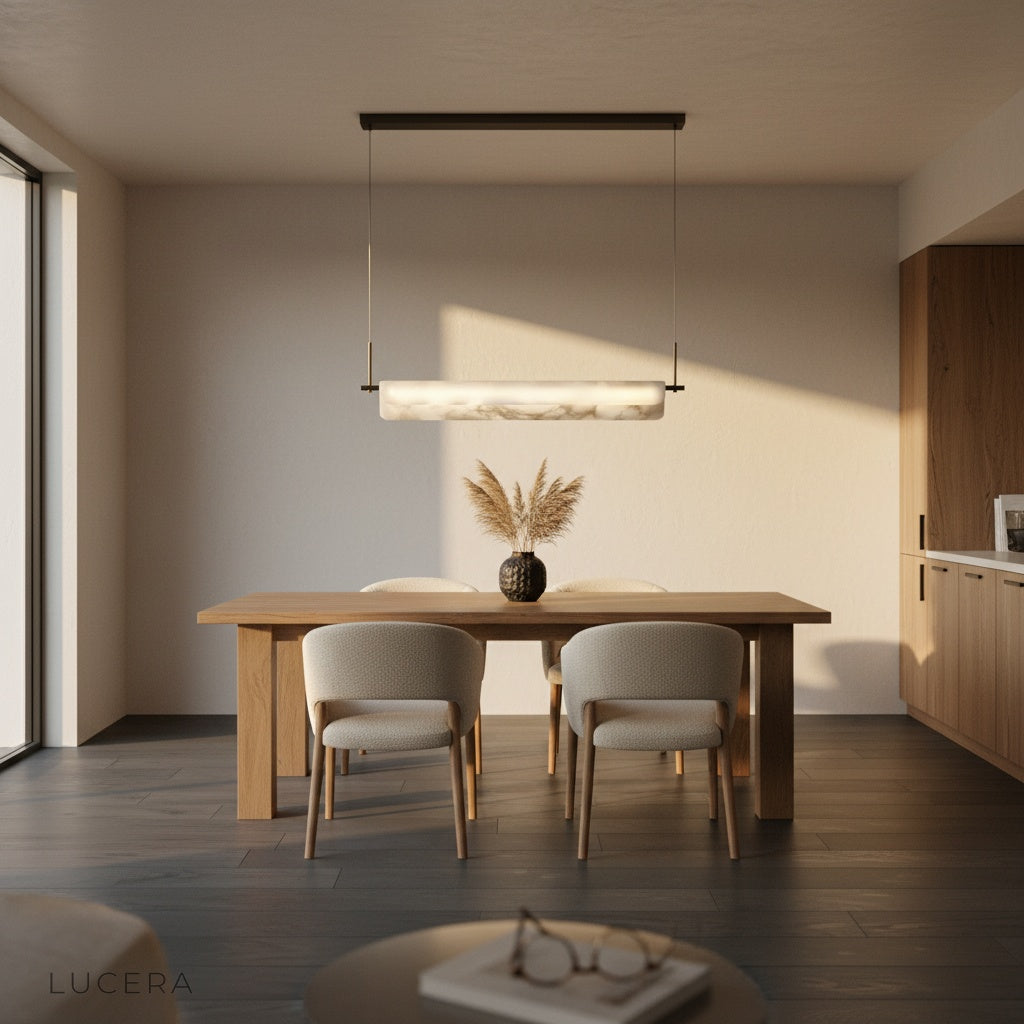 Lucera alabaster pendant light hanging over a kitchen island with bar stools