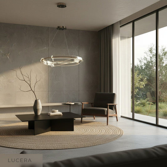 front view of Lucera dual-ring LED chandelier against clean white background
