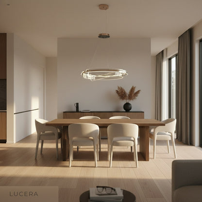 close-up of copper finish and LED light strip on dual-ring chandelier