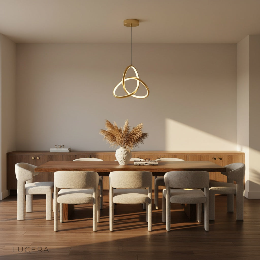 Tignanello pendant light in white finish hanging above dining table