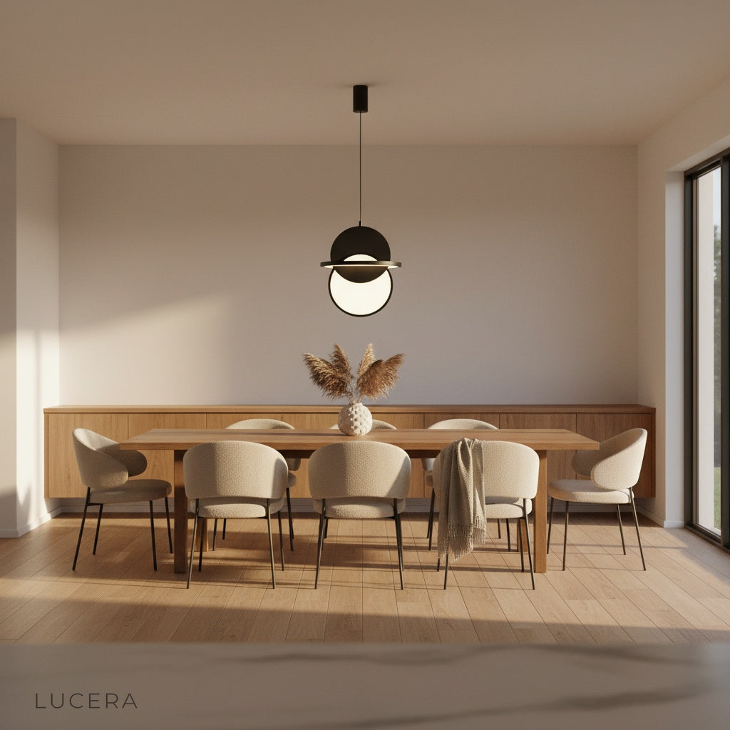 soft focus lifestyle shot of pendant light glowing above cafe table with coffee cups