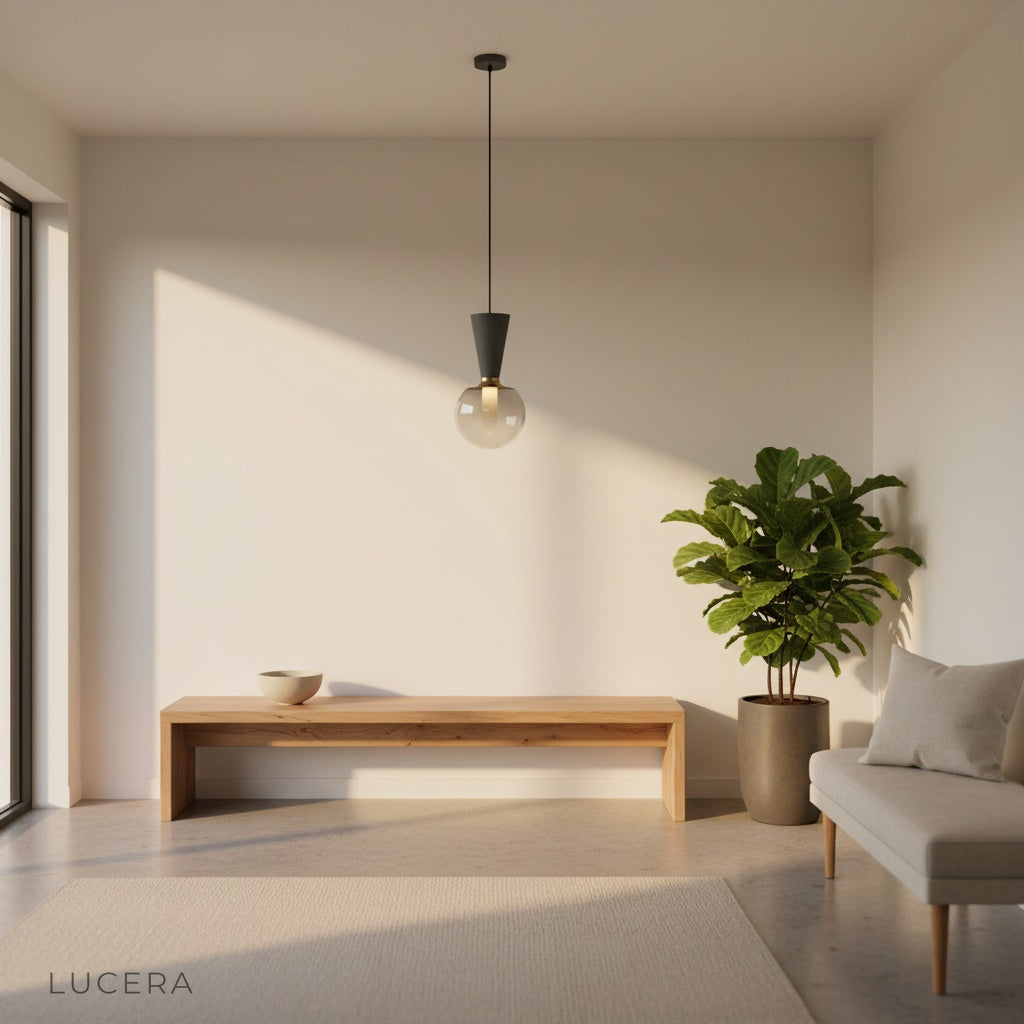 Ivan pendant light at dusk casting warm ambient glow over kitchen island