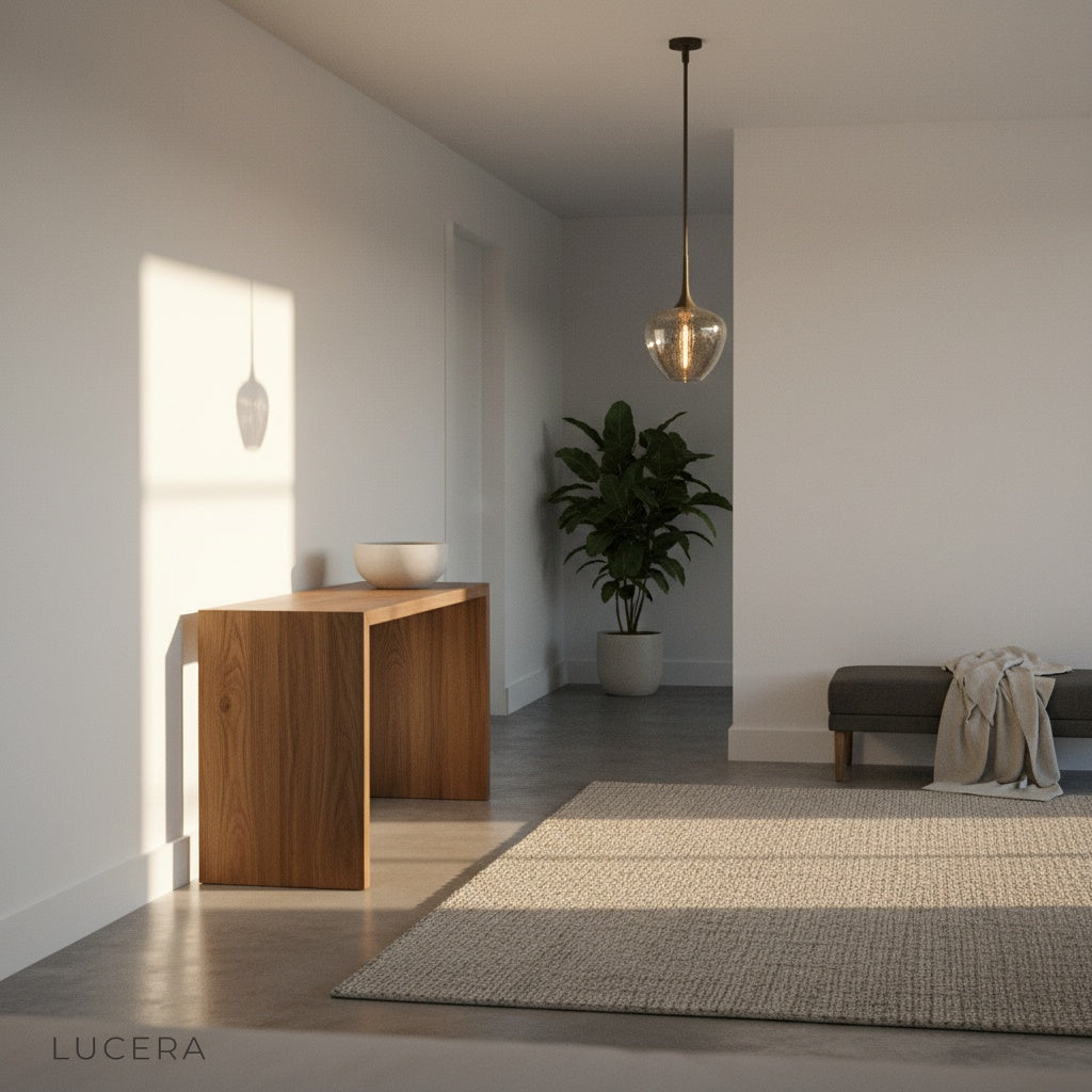 Iron frame and glass pendant light hanging in transitional living space with neutral decor