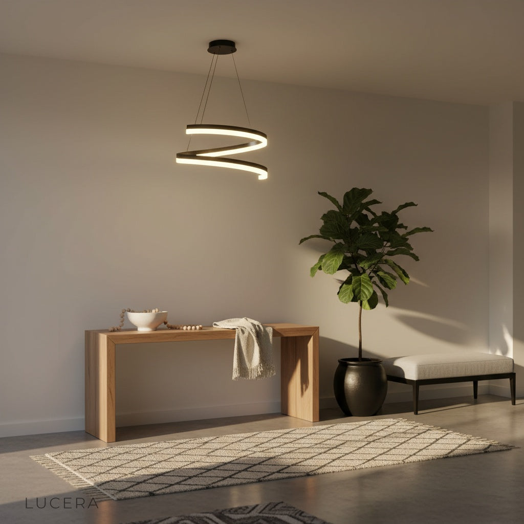 Hypnotize pendant light as statement piece above kitchen island with bar stools