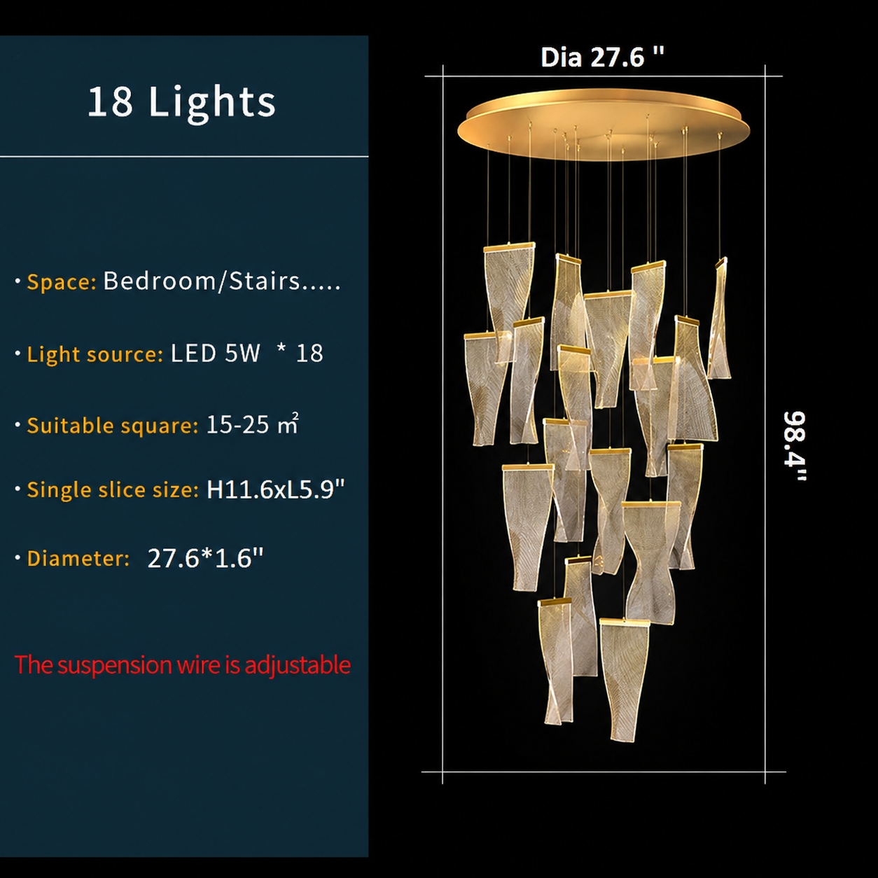Feldspar Silk Design Gold Pendant Light for Staircase - Chandeliers | Lucera Lighting