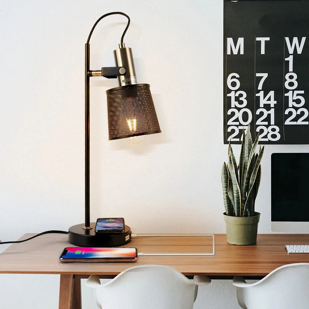 Selene Industrial Retro Black Iron Desk Lamp with Wireless - Lamps | Lucera Lighting