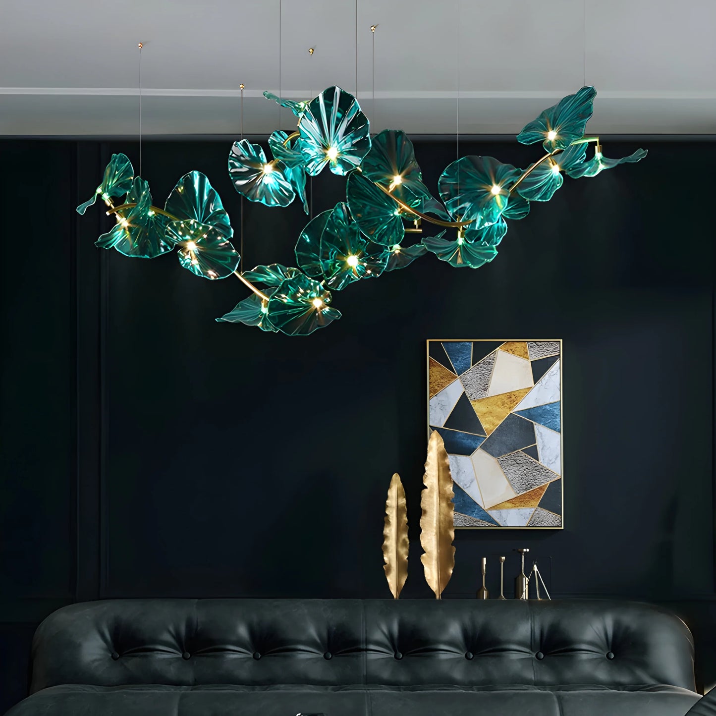 Carnelian Green Glass Leaves Pendant Chandelier - Chandeliers | Lucera Lighting