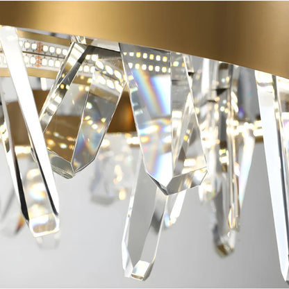 close-up of gold stainless steel frame and shimmering crystal drops